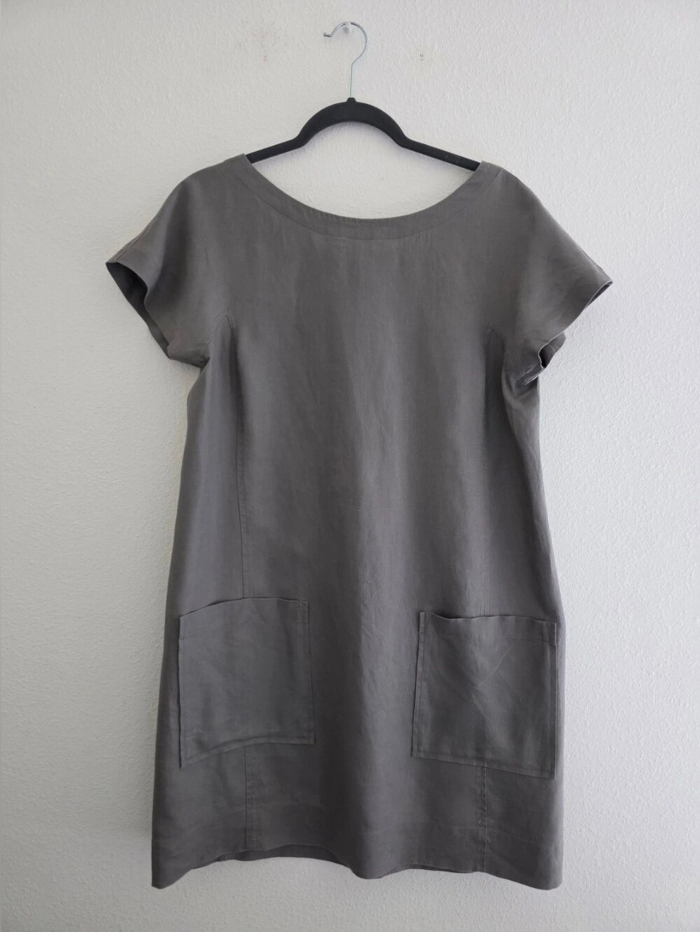 Eileen Fisher Dress 100% Organic Linen Above Knee Front Pockets In Gray Sz SP